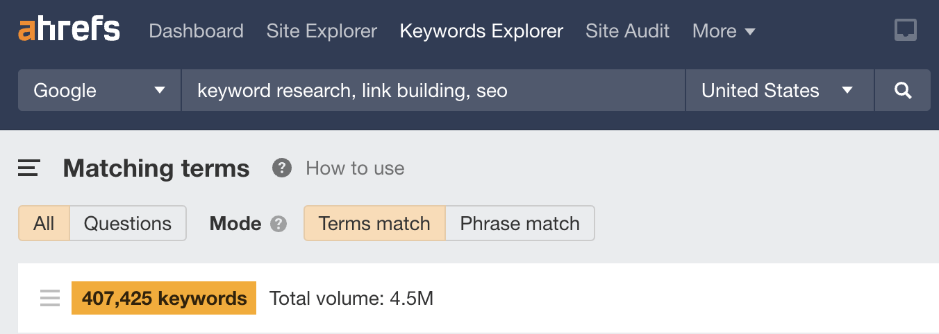 Number of keyword ideas from SEO "seed" keywords in Ahrefs' Keywords Explorer = 4.5 million