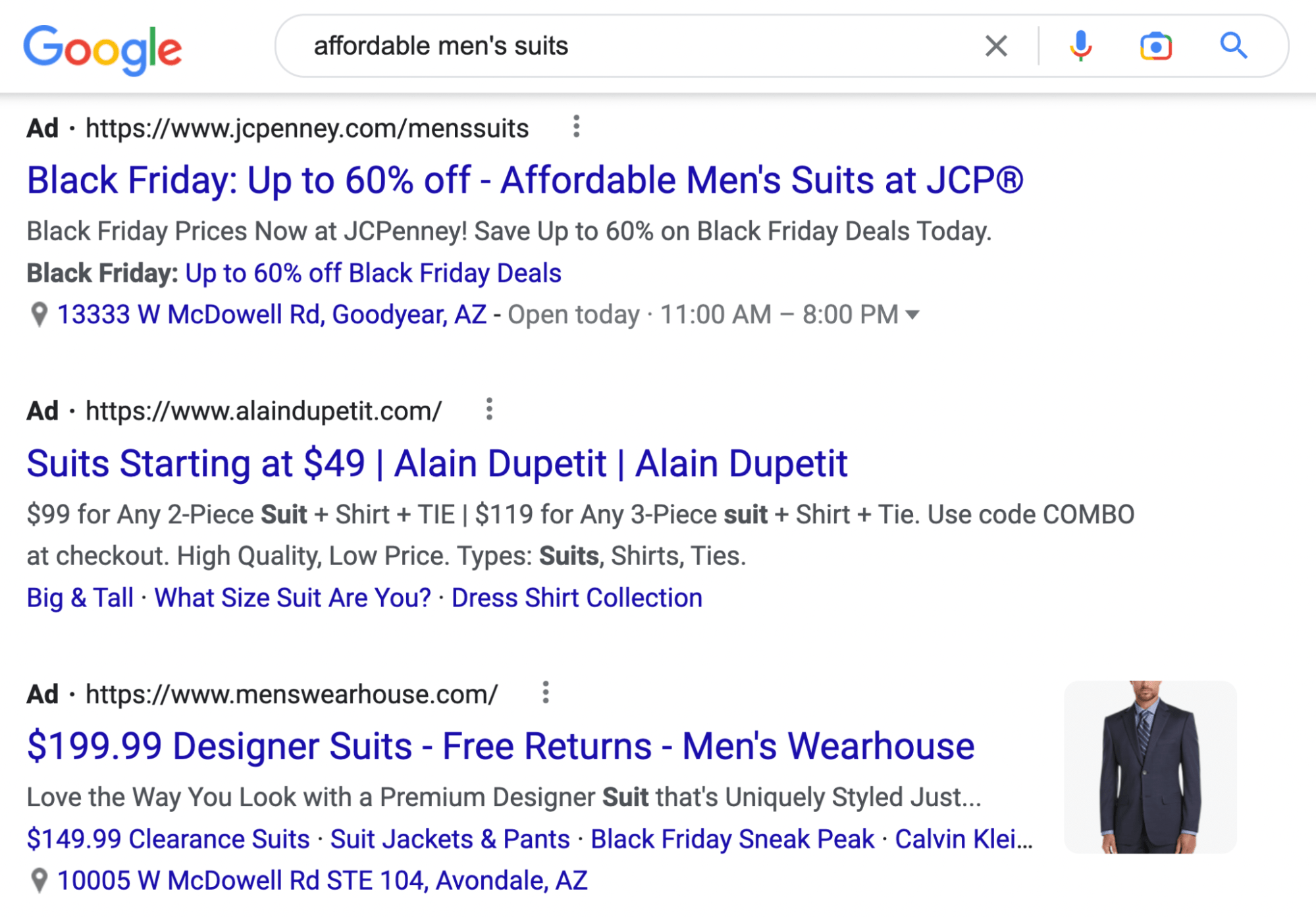Google search results for "affordable men's suits"