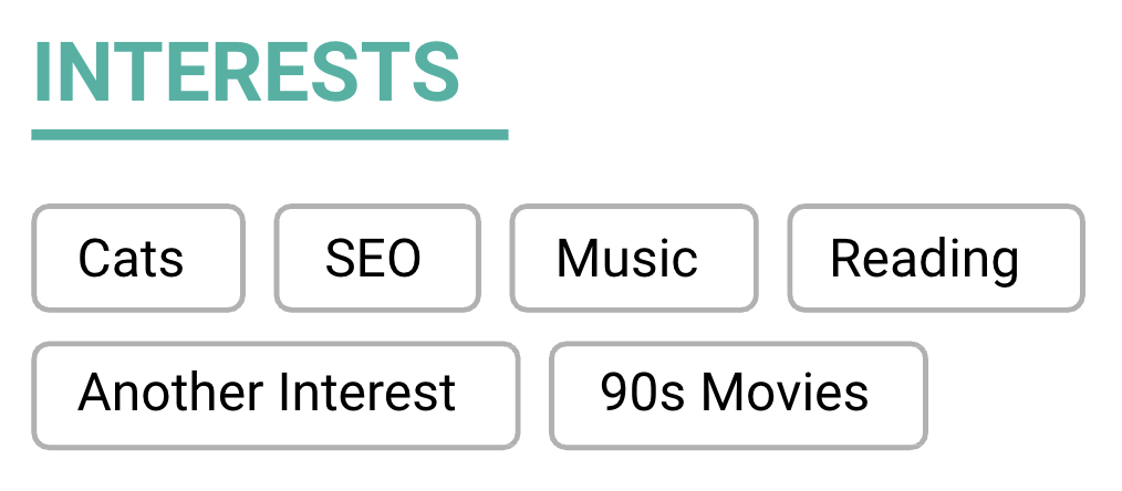 Captura de pantalla de la plantilla de currículum SEO "intereses" sección, a través de Google Slides