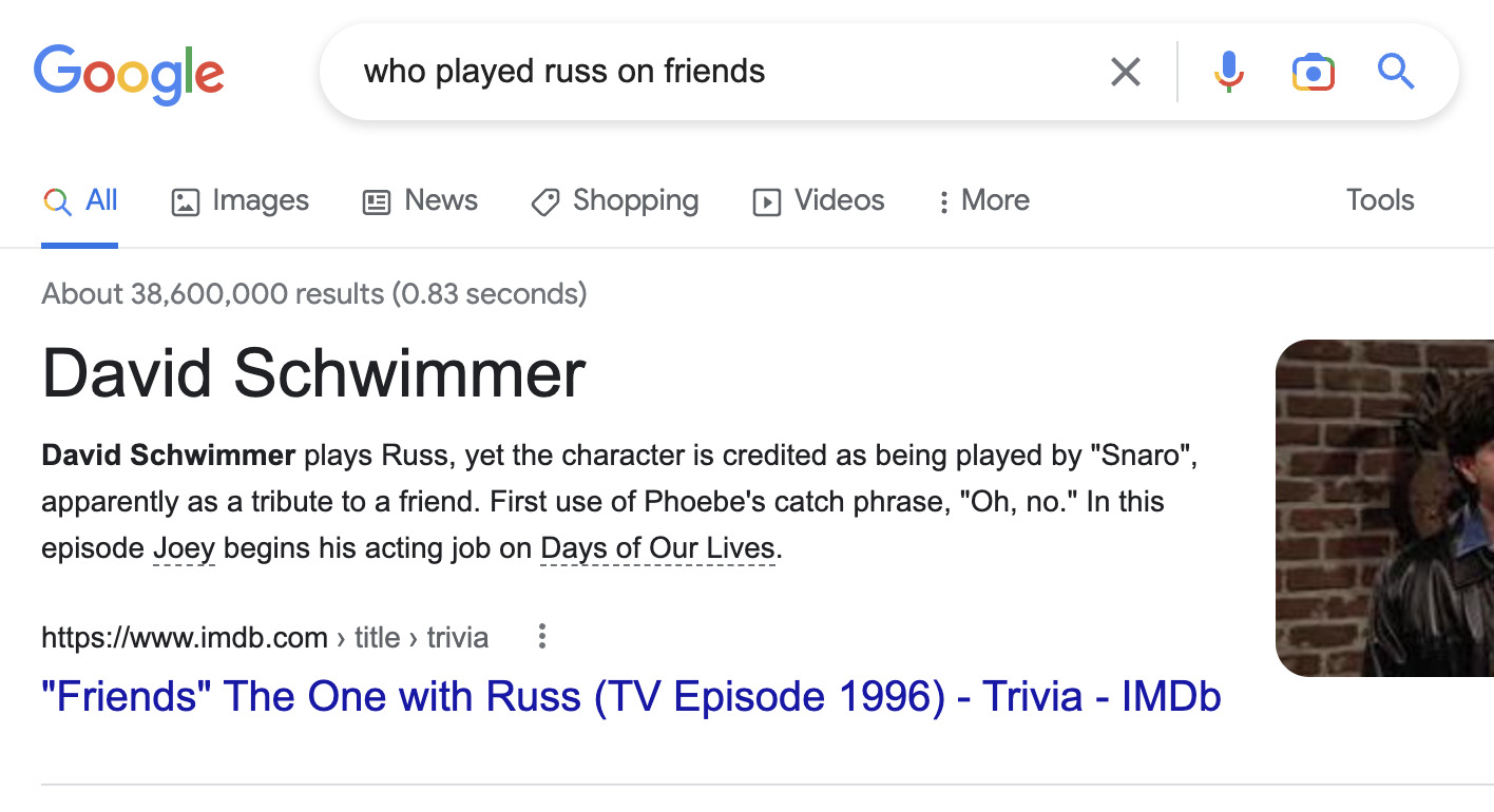 Featured snippet in the search results for "who played russ on friends"