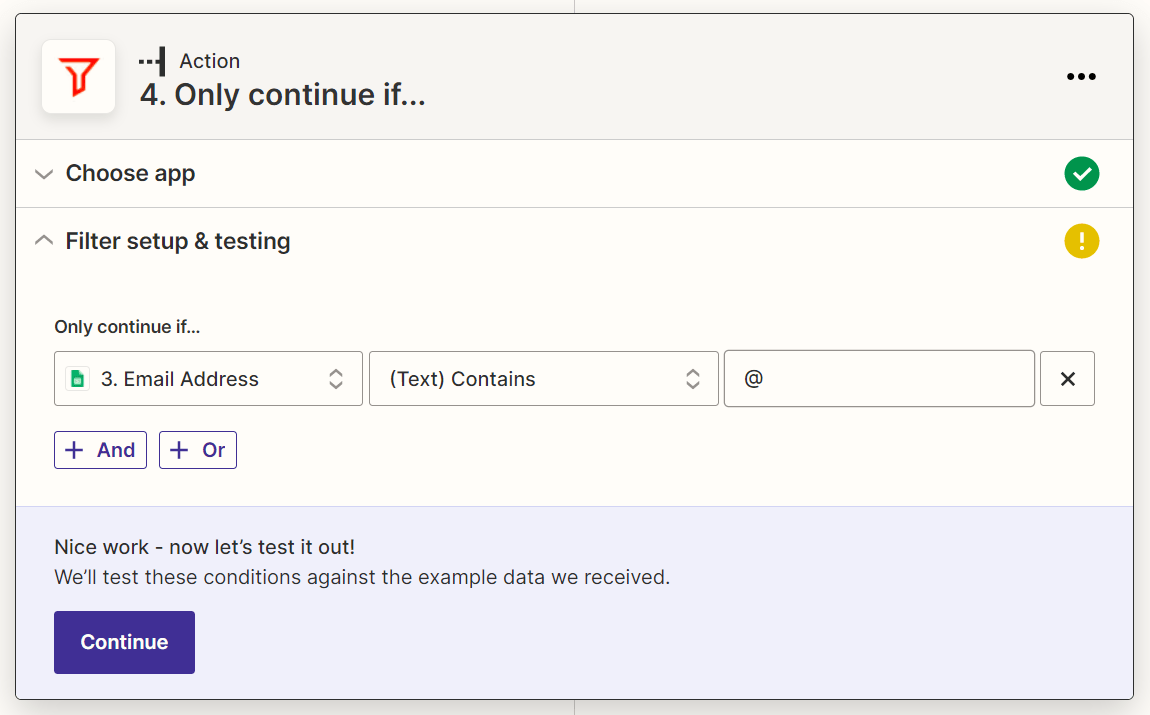 Filter action: Only continue if email address contains "@"