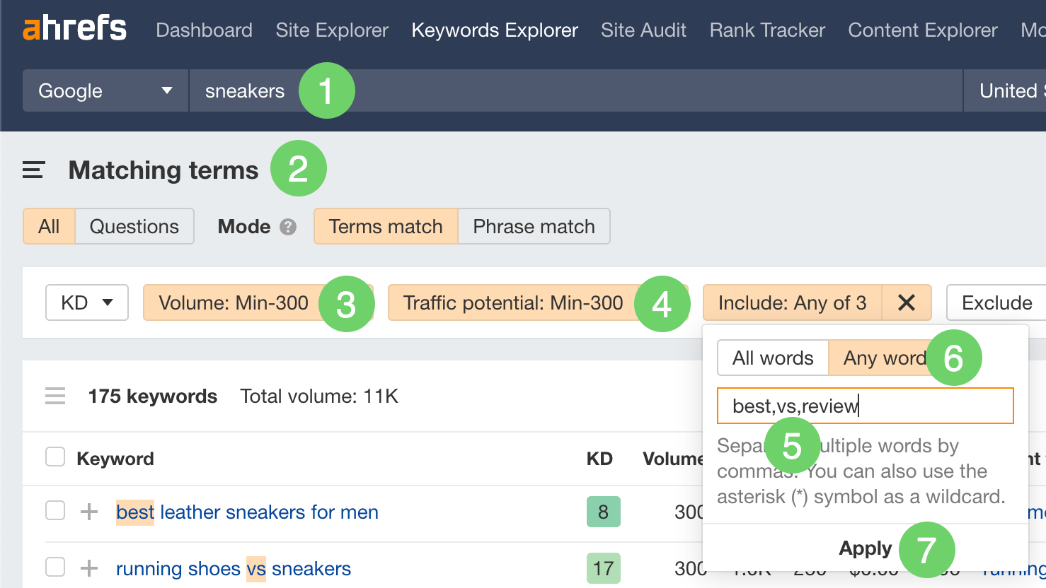Filter for long-tail keywords related to sneakers that contain the word "improve," "vs," or "revision" in Ahrefs keyword explorer