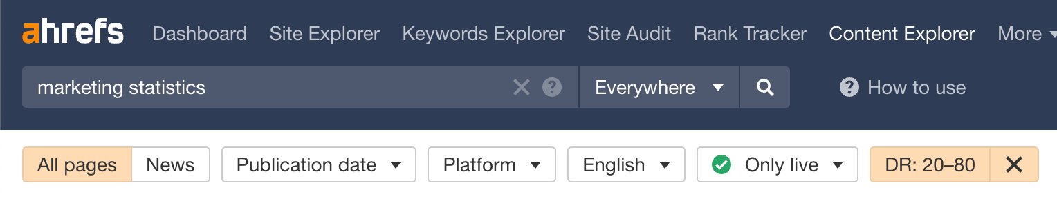 Filtering for live, English webpages on sites with a DR between 20 and 80, via Ahrefs' Content Explorer
