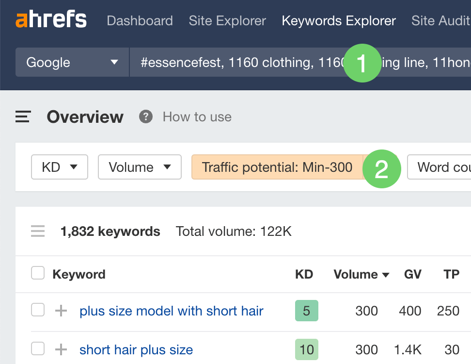 在Ahrefs的Keywords Explorer中查找批量流量潜力（TP）  