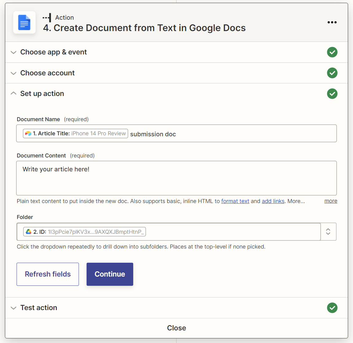 Action step: Create Document from Text in Google Docs
