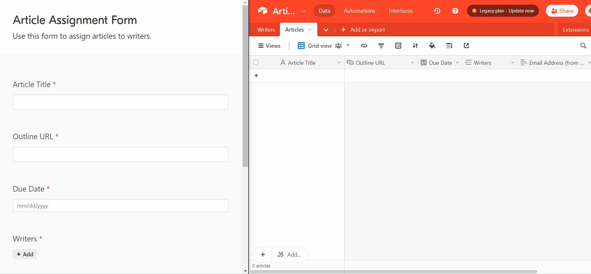 Demo of how Airtable automatically records new article assignments when the article assignment form is filled out
