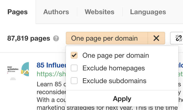 Ahrefs' Content Explorer "One page per domain" setting