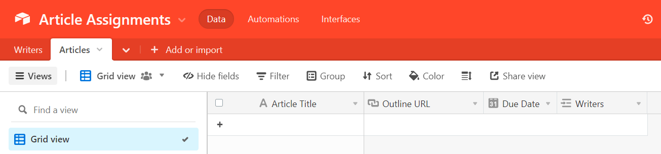 "Articles" table in Airtable