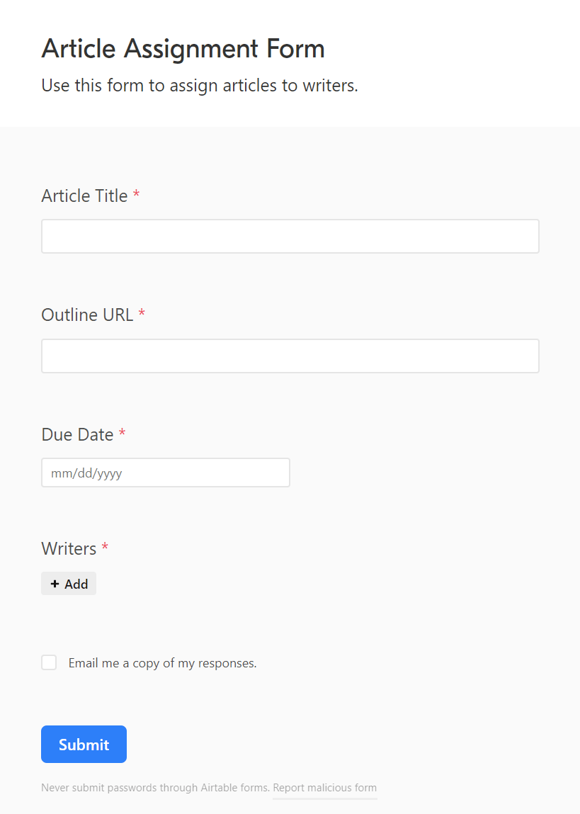 Airtable article assignment form