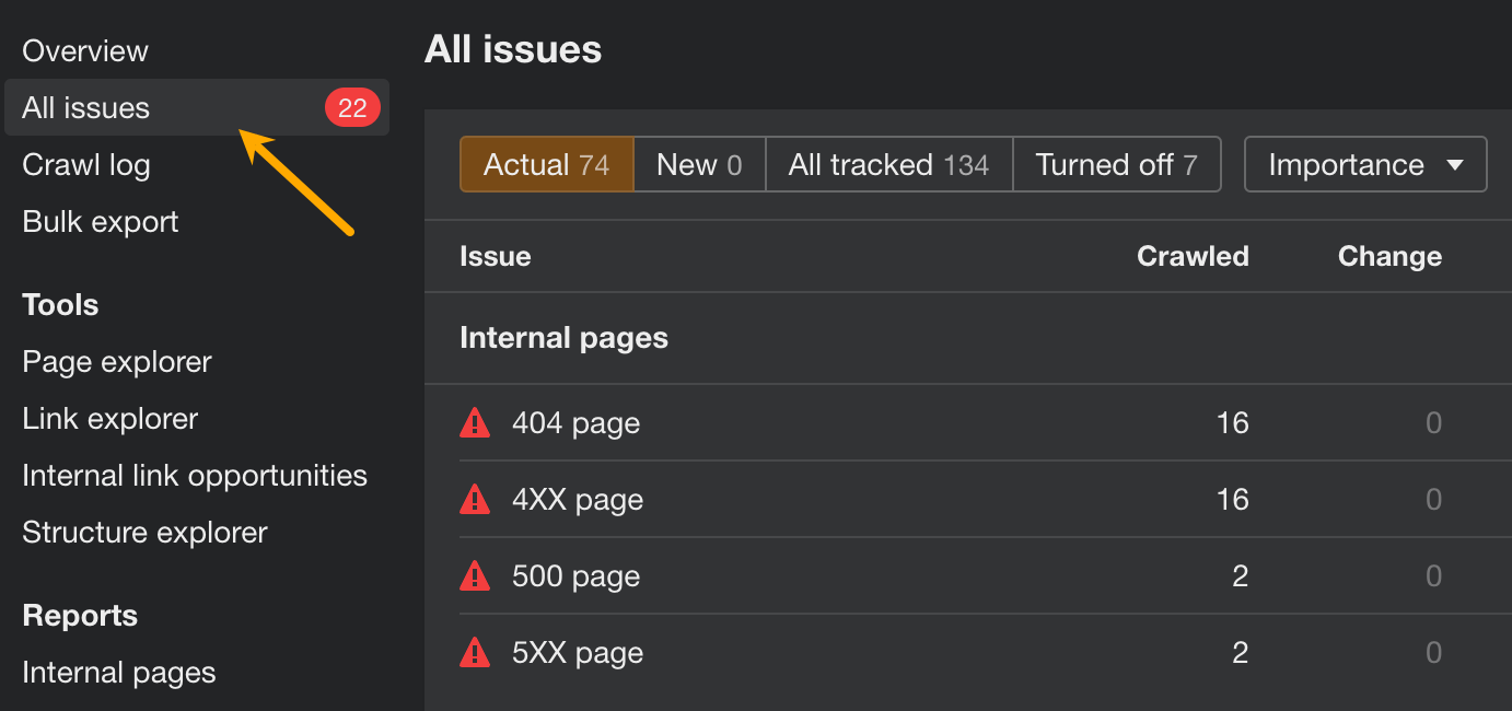  Site Audit（网站诊断）中的 All issues（所有问题）报告