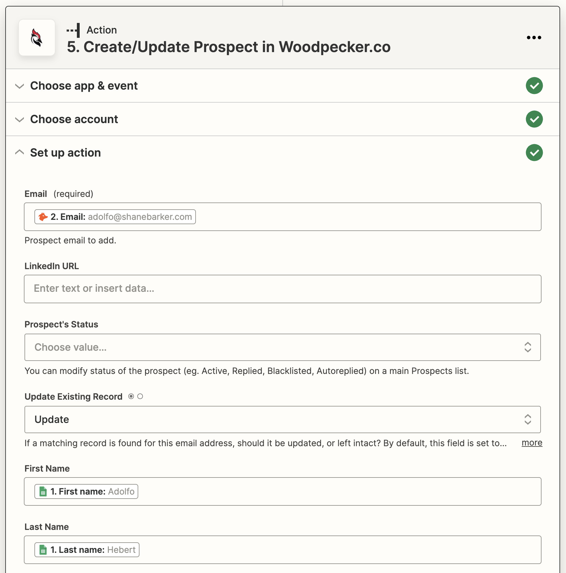 Action step: Create/Update Prospect in Woodpecker.co