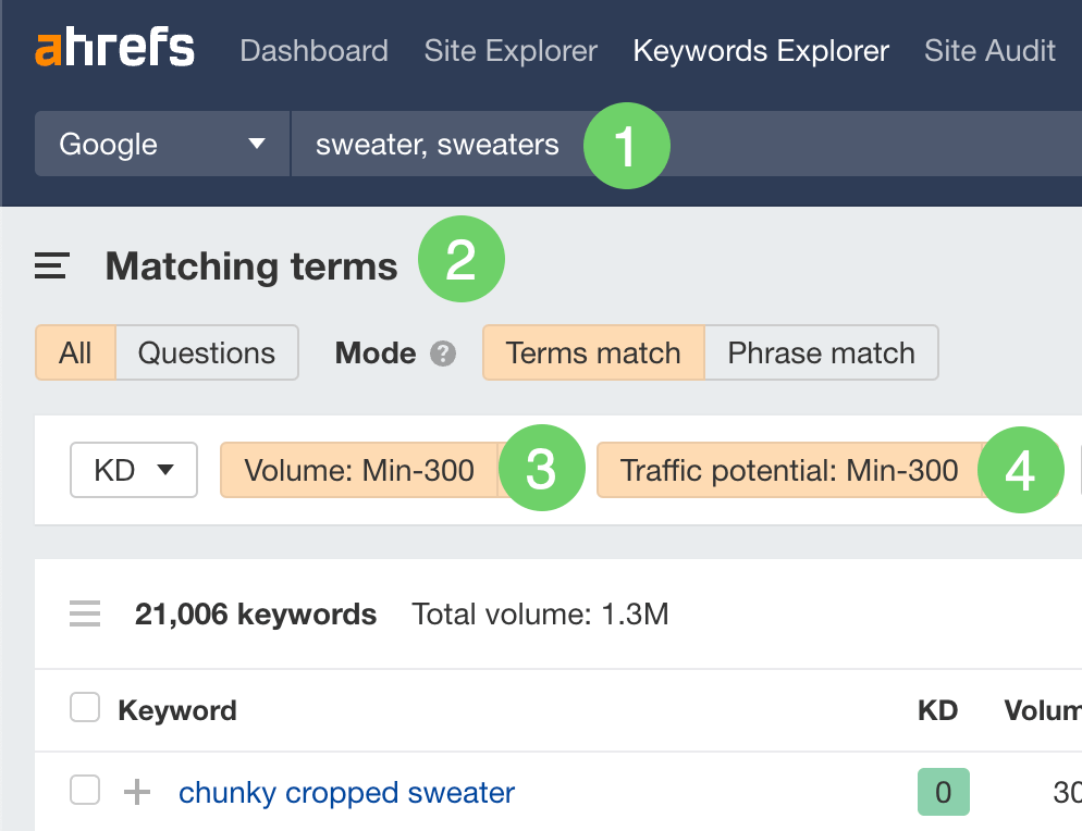 Filtering for long-tail keywords related to sweaters in Ahrefs' Keywords Explorer