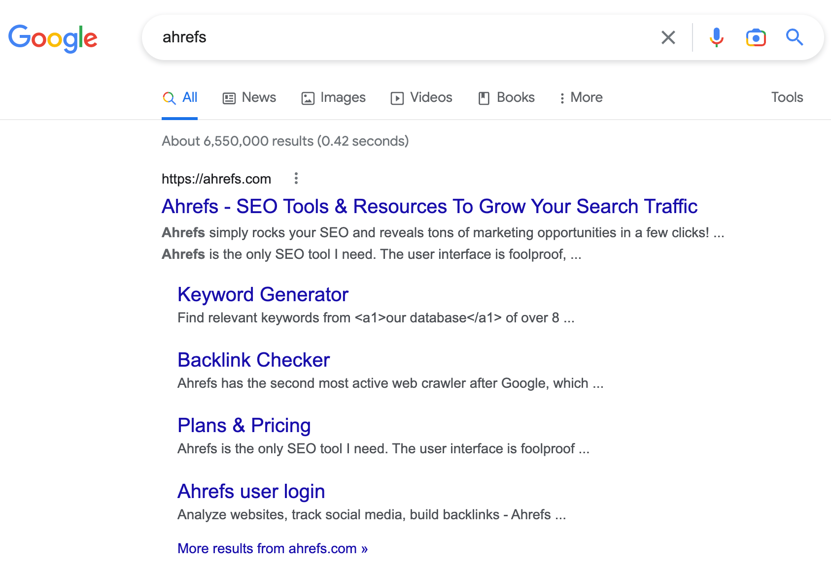 Google search results for keyword "ahrefs"