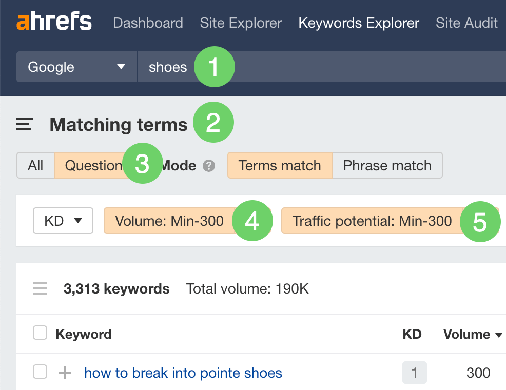 Filtering for long-tail keywords related to shoes in Ahrefs Keywords Explorer