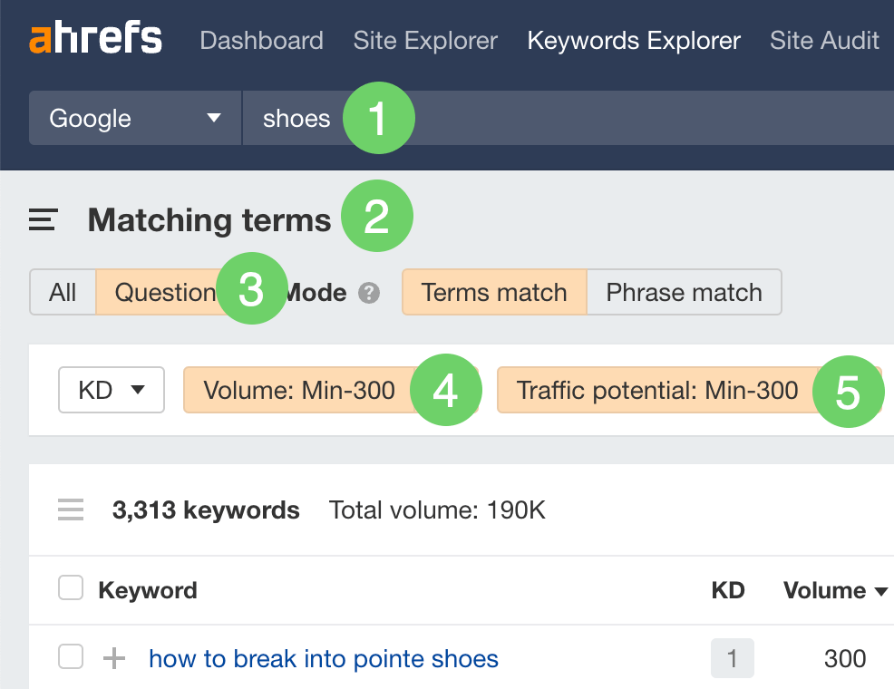 在Ahrefs的keywords Explorer中过滤与鞋子相关的长尾关键词