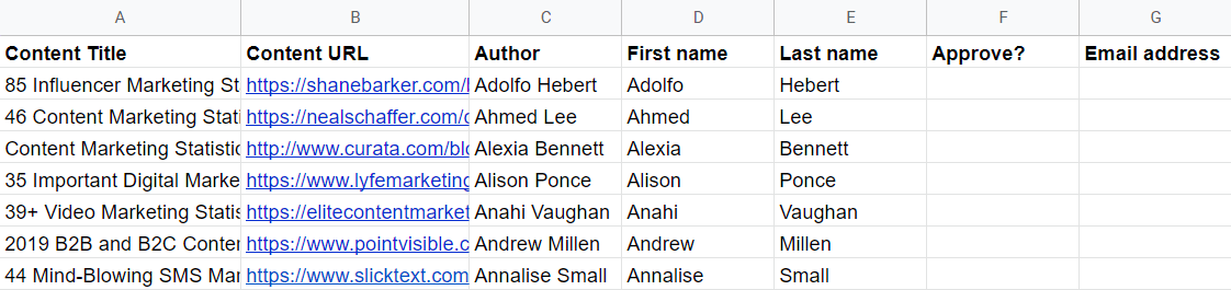 List of prospects in Google Sheets
