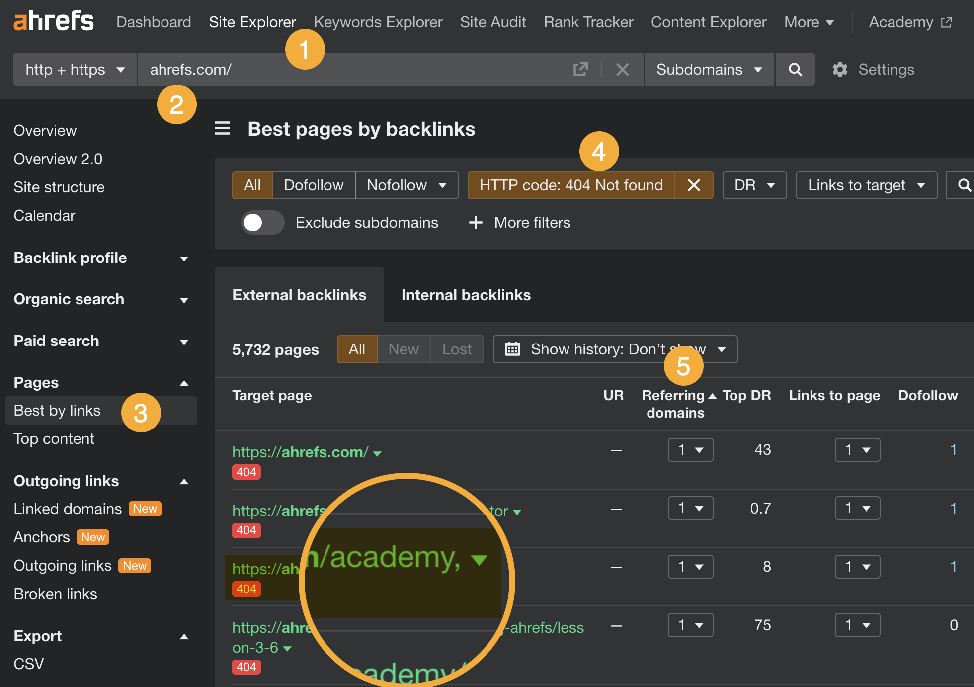  Site Explorer（网站分析）中如何找到失效外链