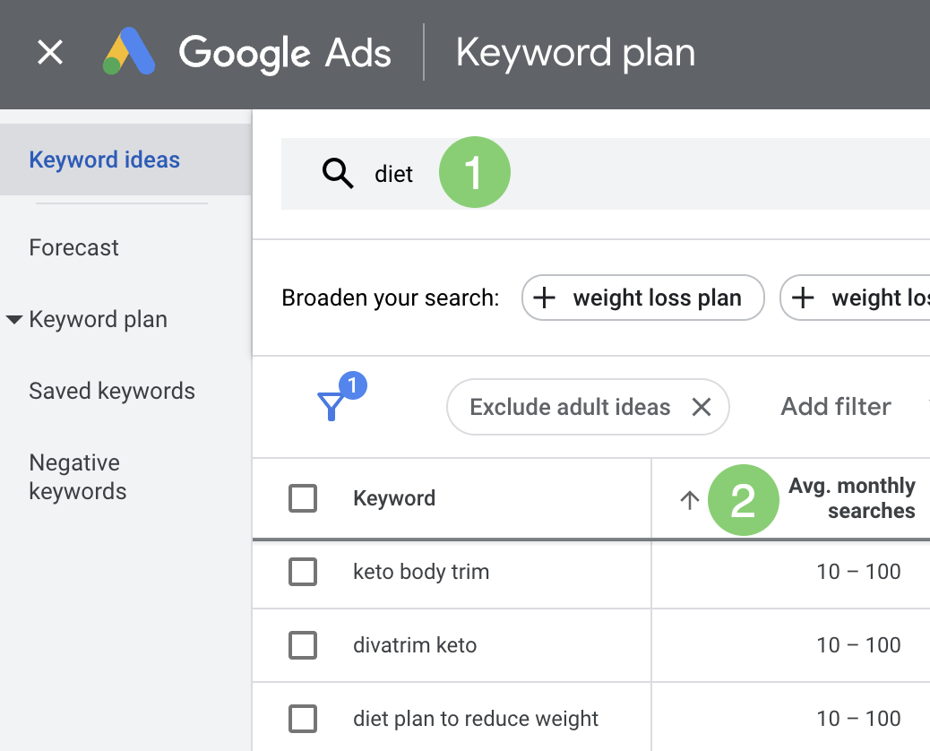 Looking for long-tail keywords in Google Keyword Planner