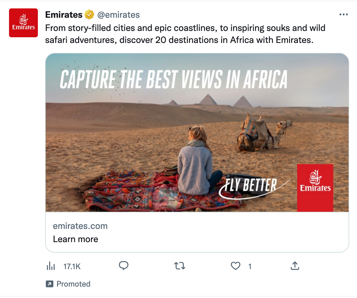 An unsolicited announcement from Emirates on the Twitter timeline