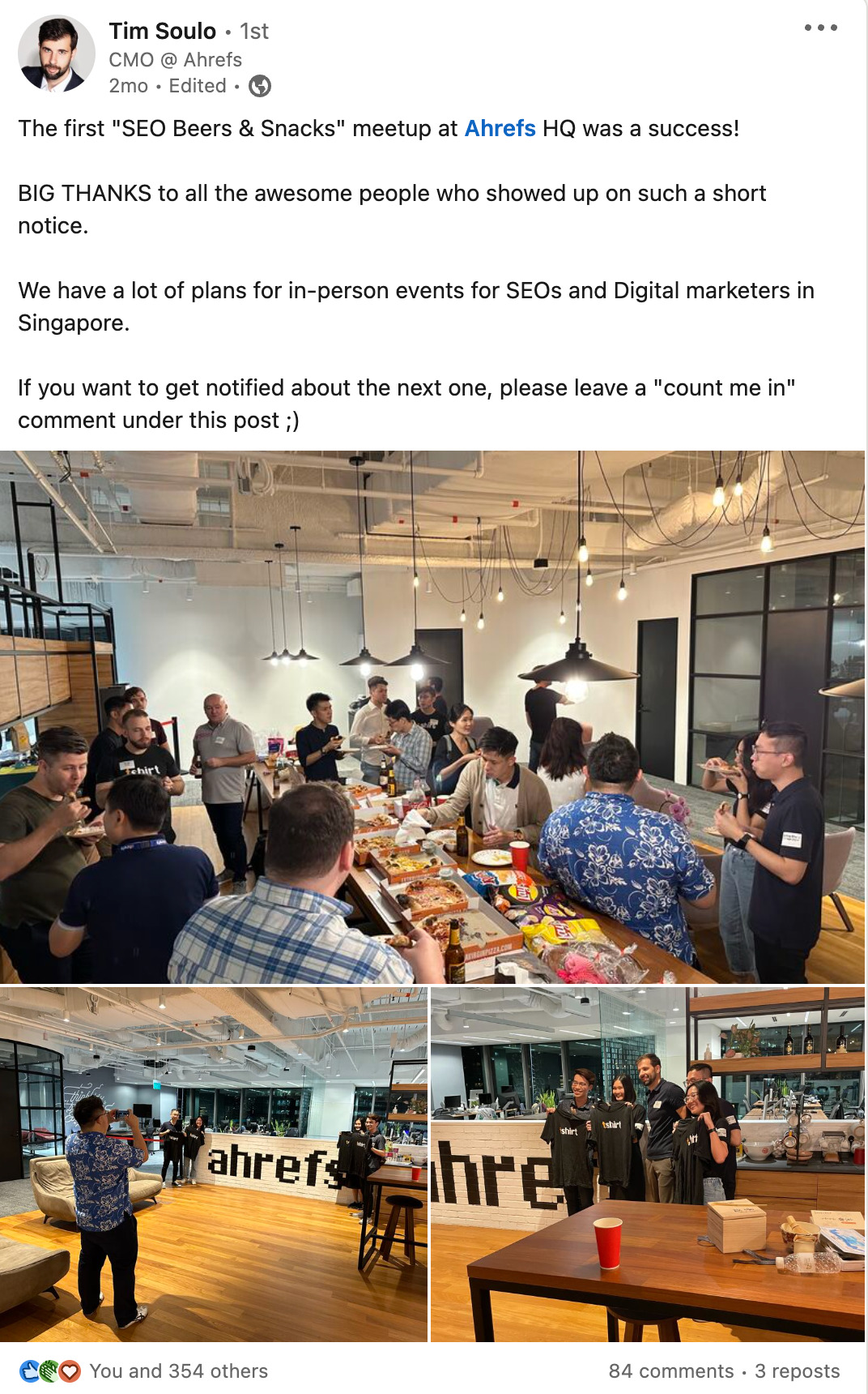 Tim's Linkedin post on Ahrefs' beer and snacks event