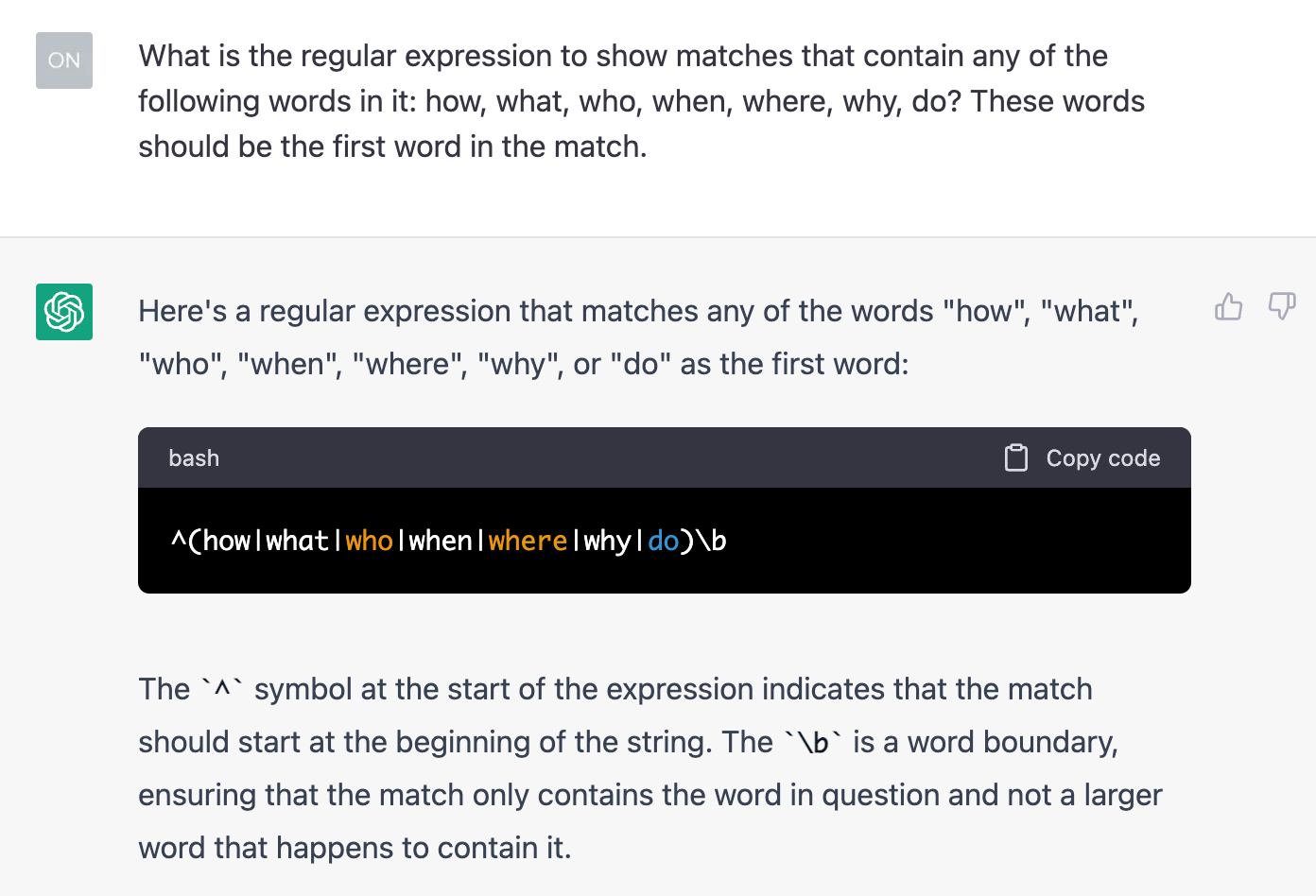 Prompt for ChatGPT to create a regular expression