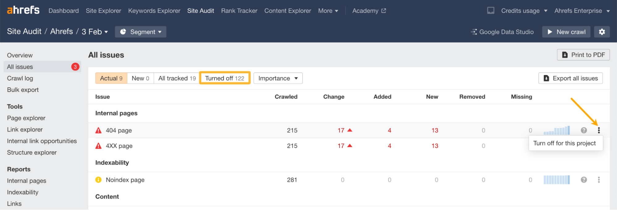 Ahrefs Site Audit（网站诊断）中所有问题报告