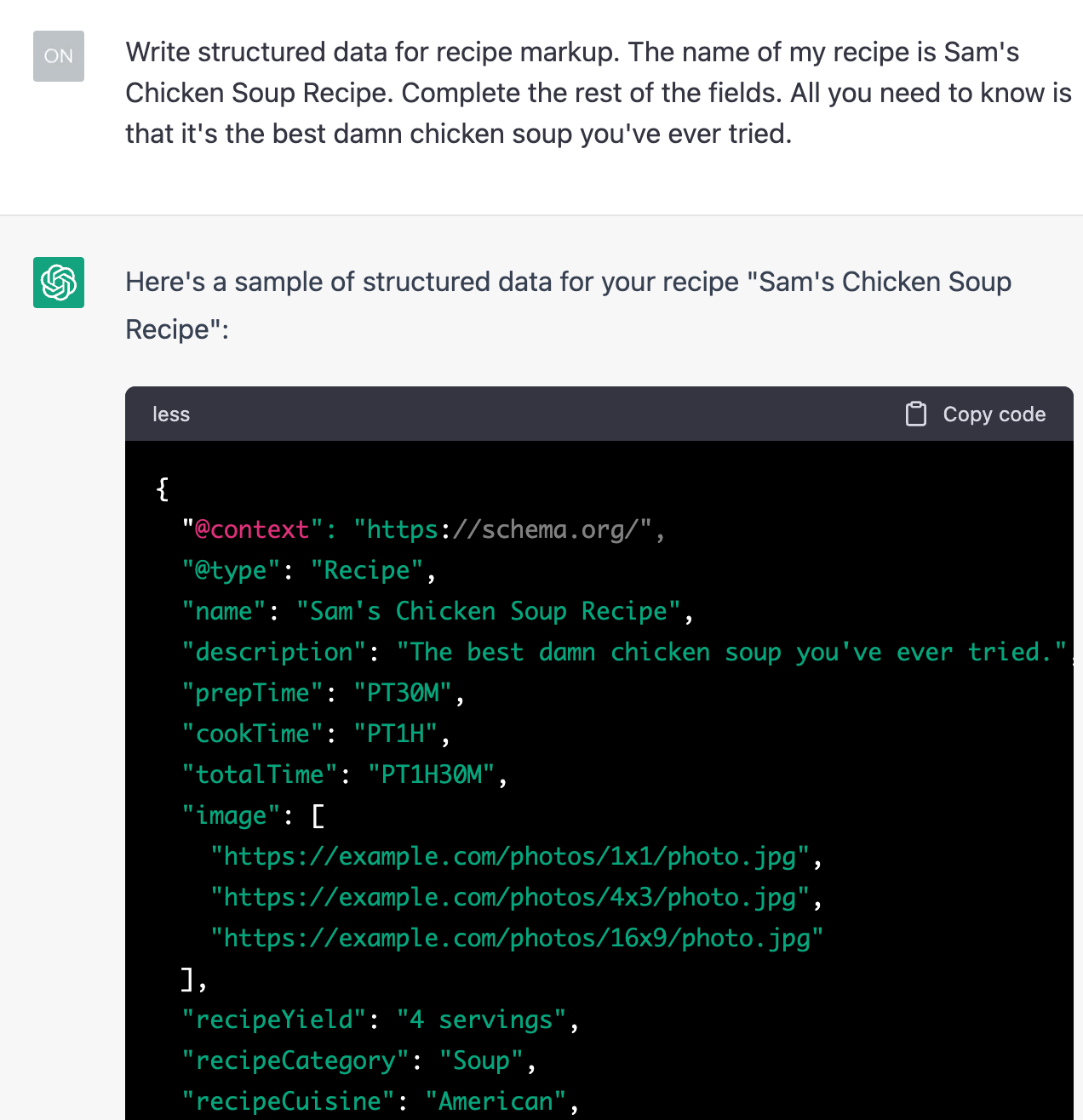 Generated schema markup from ChatGPT