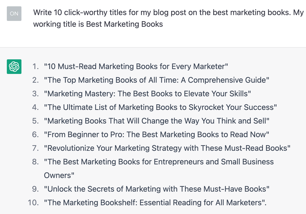 Titles generated by ChatGPT for a post on best marketing books
