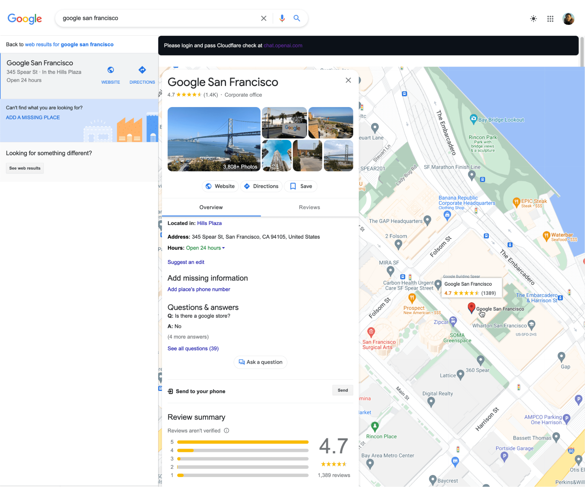 Google My Business local listing example for Google San Francisco
