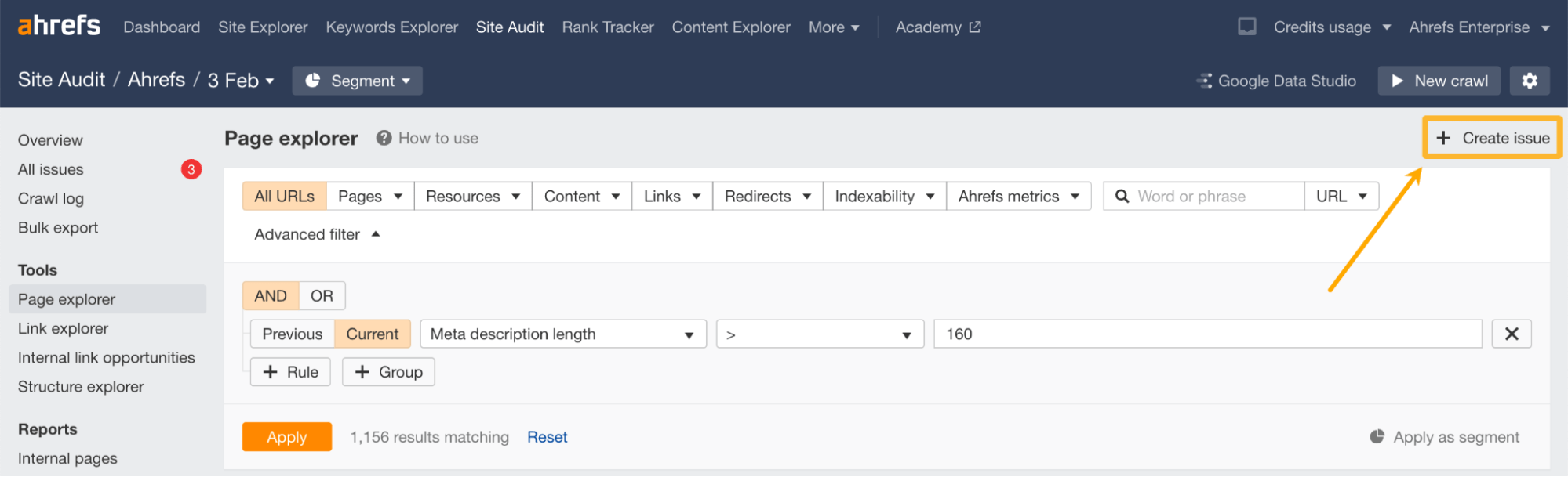 Ahrefs Site Audit（网站诊断）中 Page explorer（页面分析） 下方的创建问题按钮