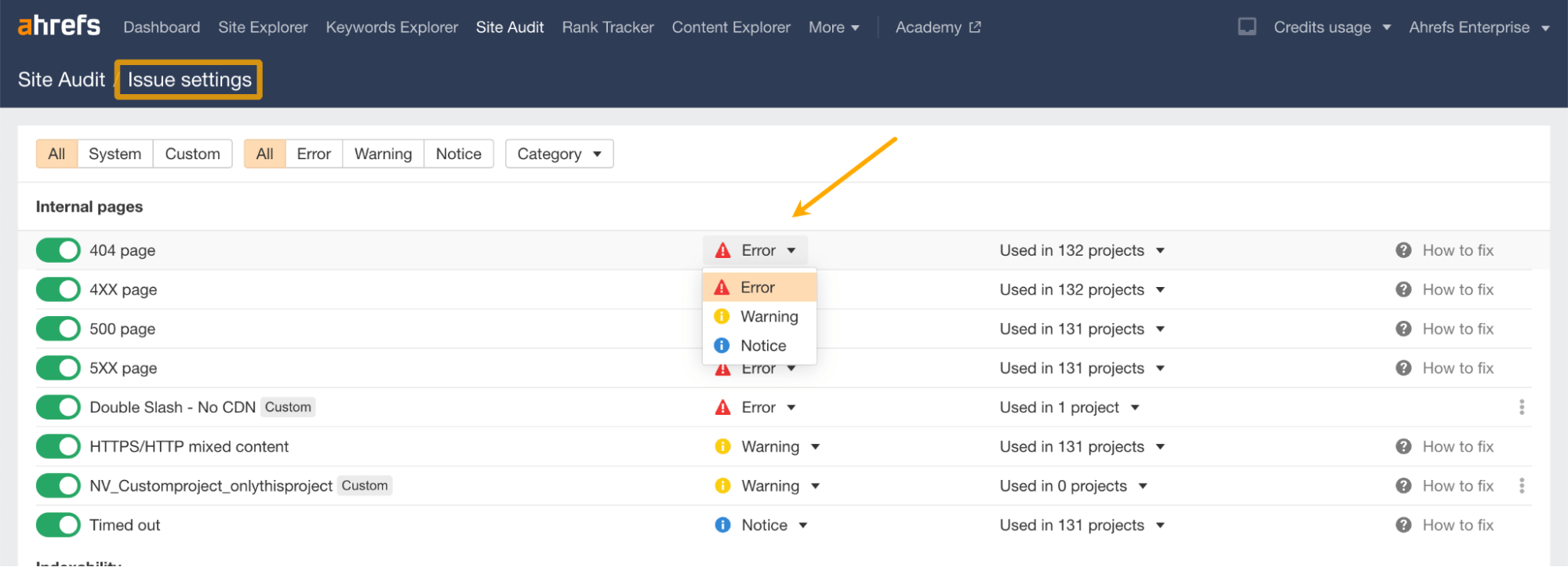 Global issue settings, via Ahrefs' Site Audit