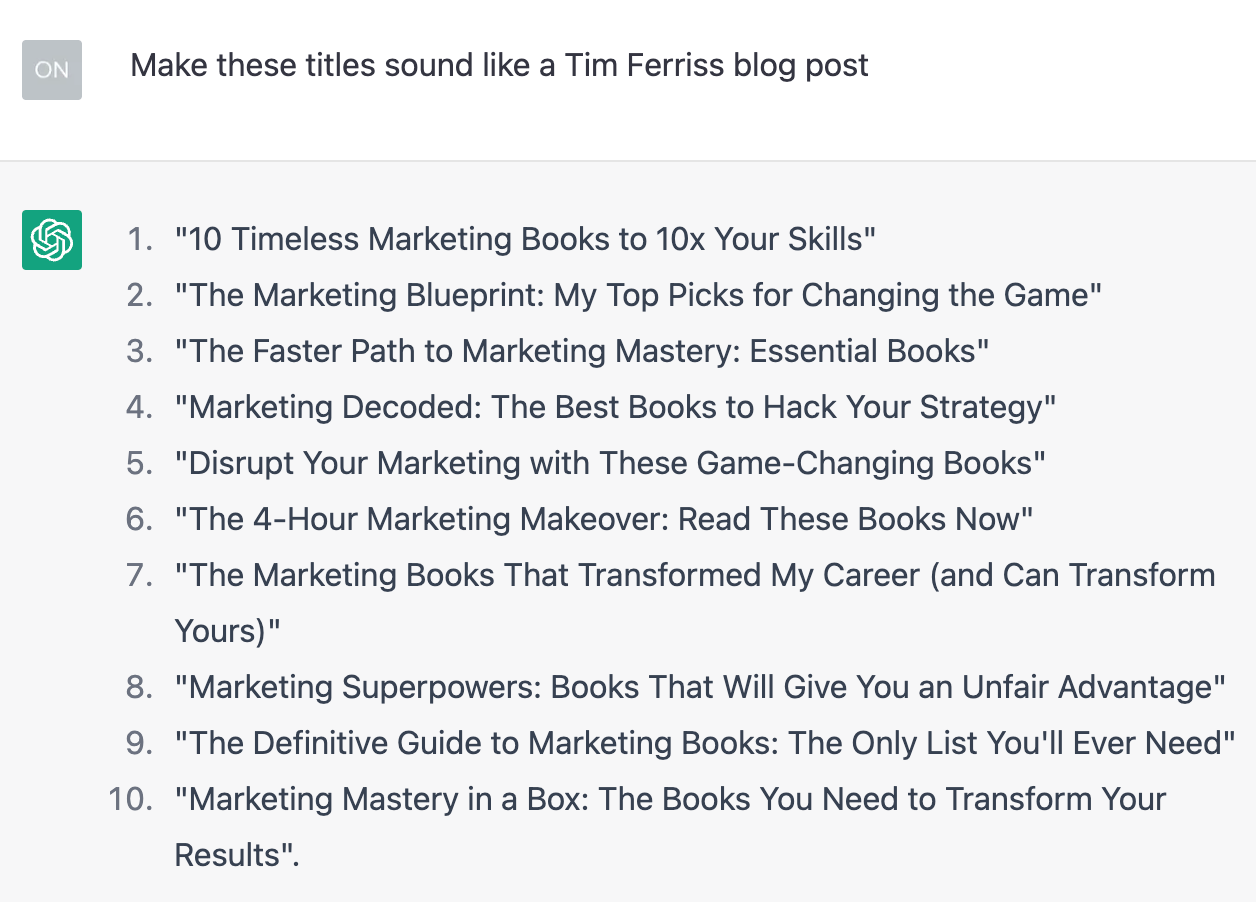 ChatGPT prompt to create article titles that sound like Tim Ferriss