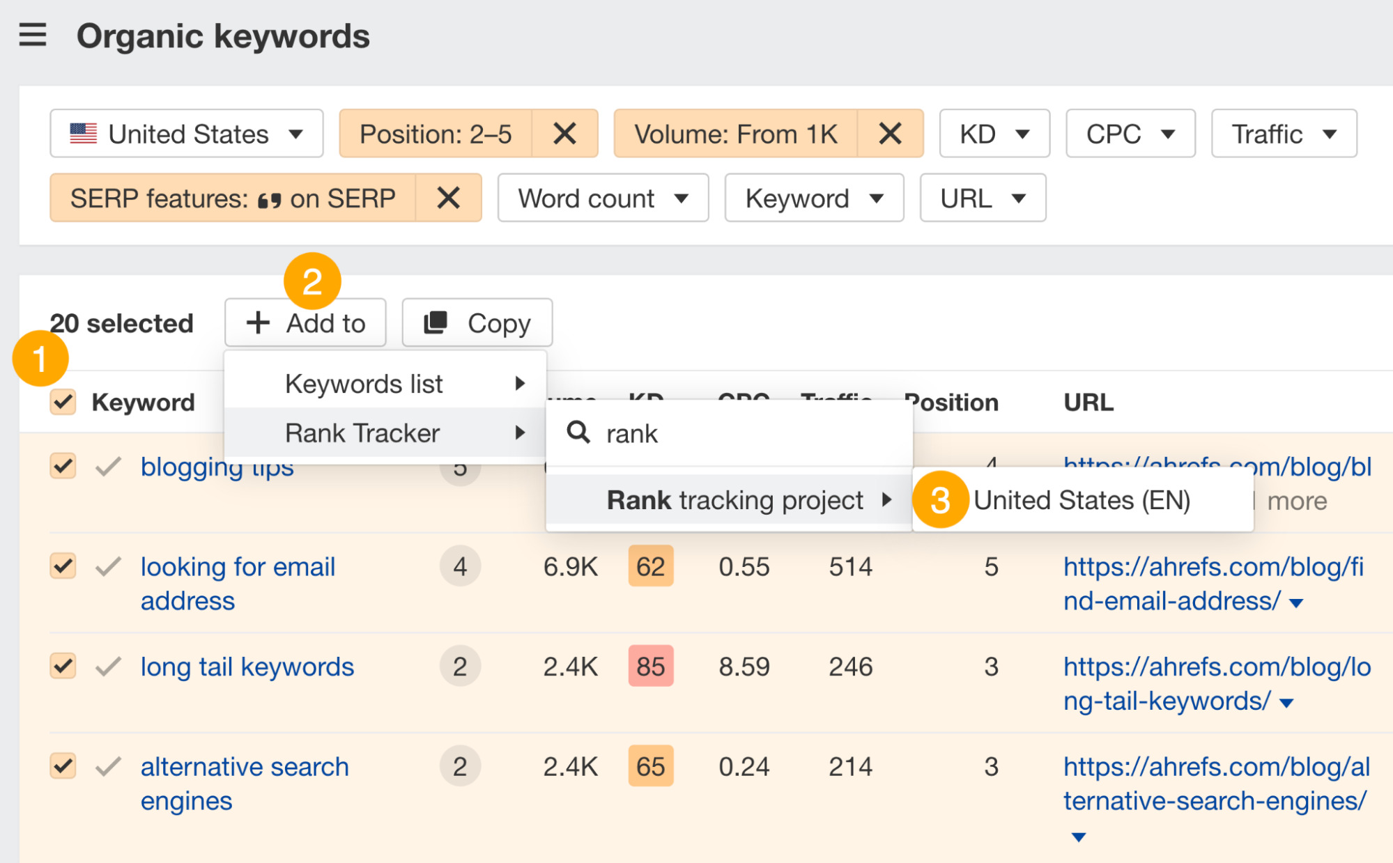 Ahrefs' Rank Tracker（排名监控）中向需要追踪精选摘要的关键词列表中添加关键词