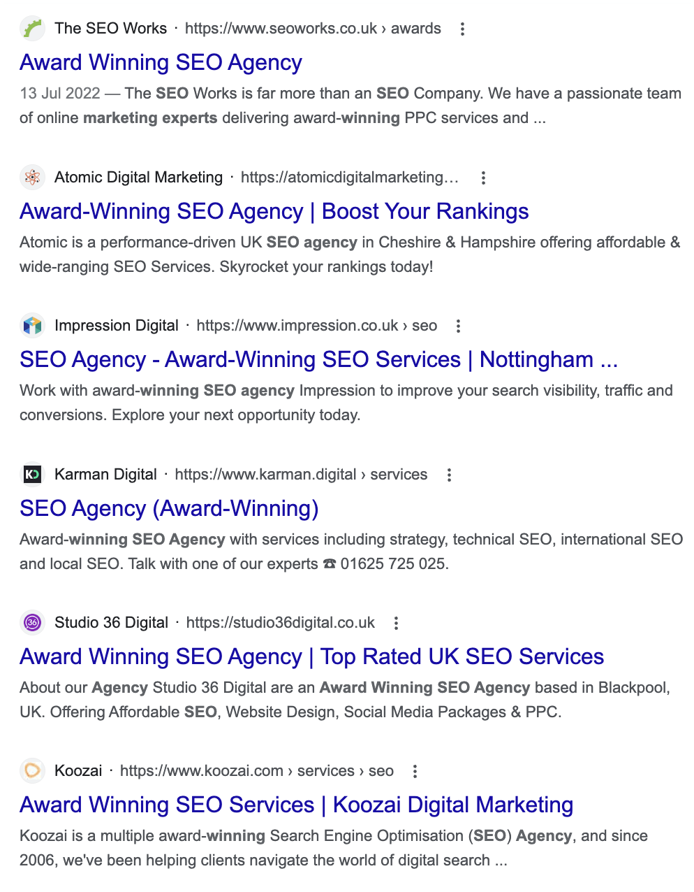 Google SERP showing many SEO agencies claiming to be award-winning