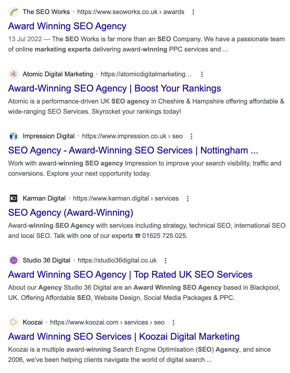 Google SERP s،wing many SEO agencies claiming to be award-winning