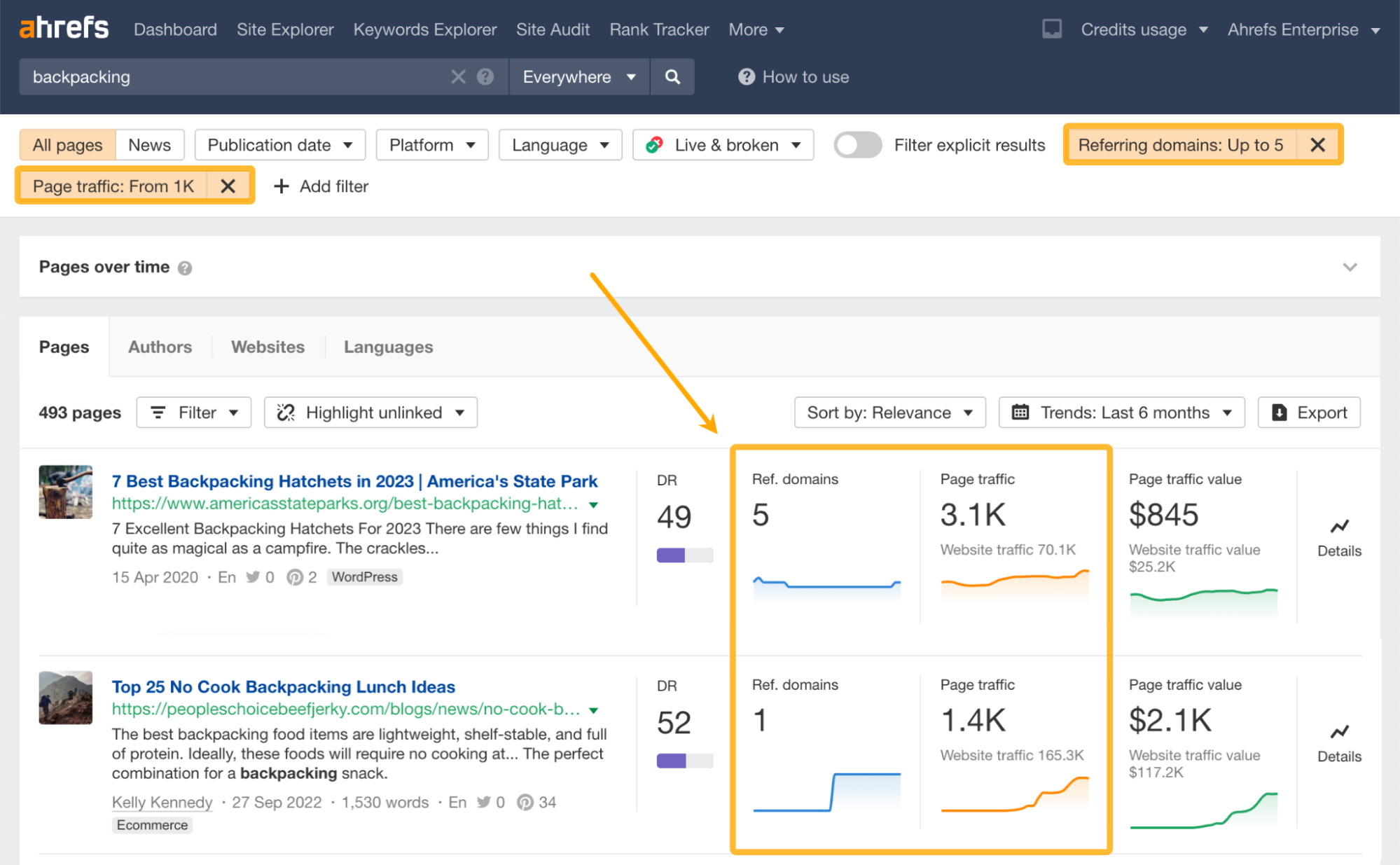 Ahrefs Content Explorer（内容分析）中应用过滤器的页面随时间变化的报告