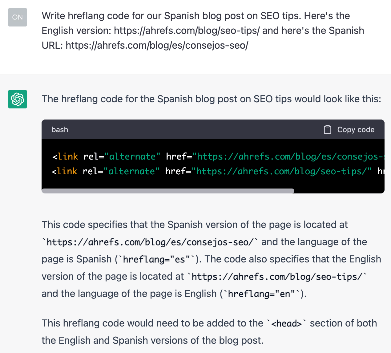 Código hreflang gerado do ChatGPT