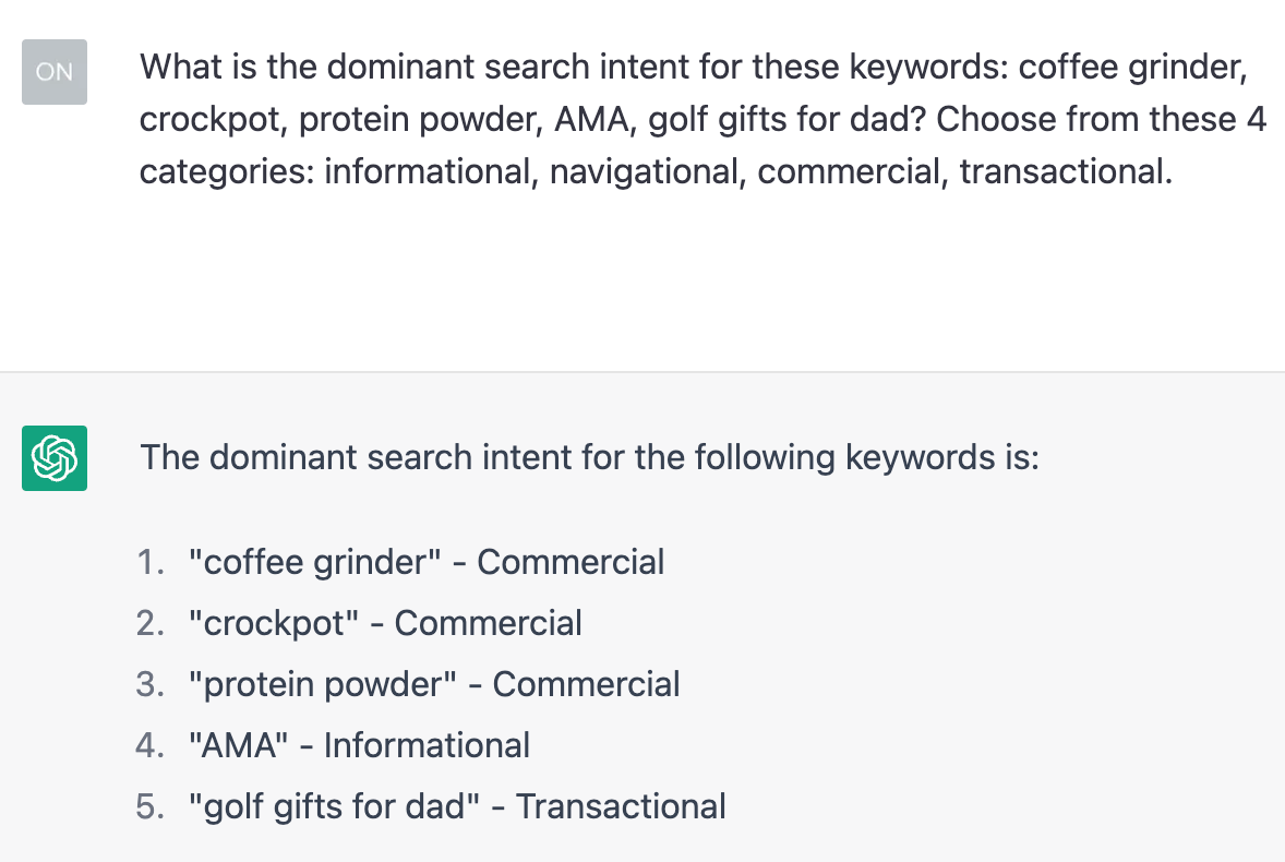 ChatGPT identifies the dominant search intent for five keywords