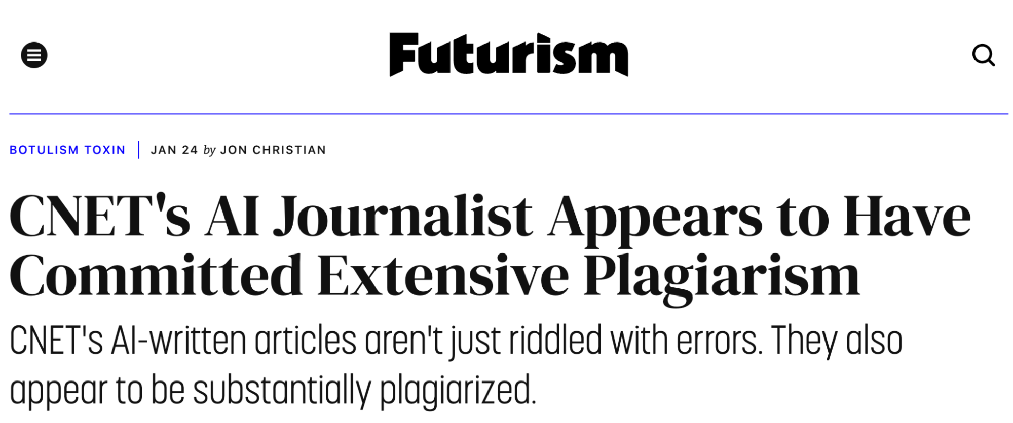 A Futurism article on CNET's AI journalist committing plagiarism