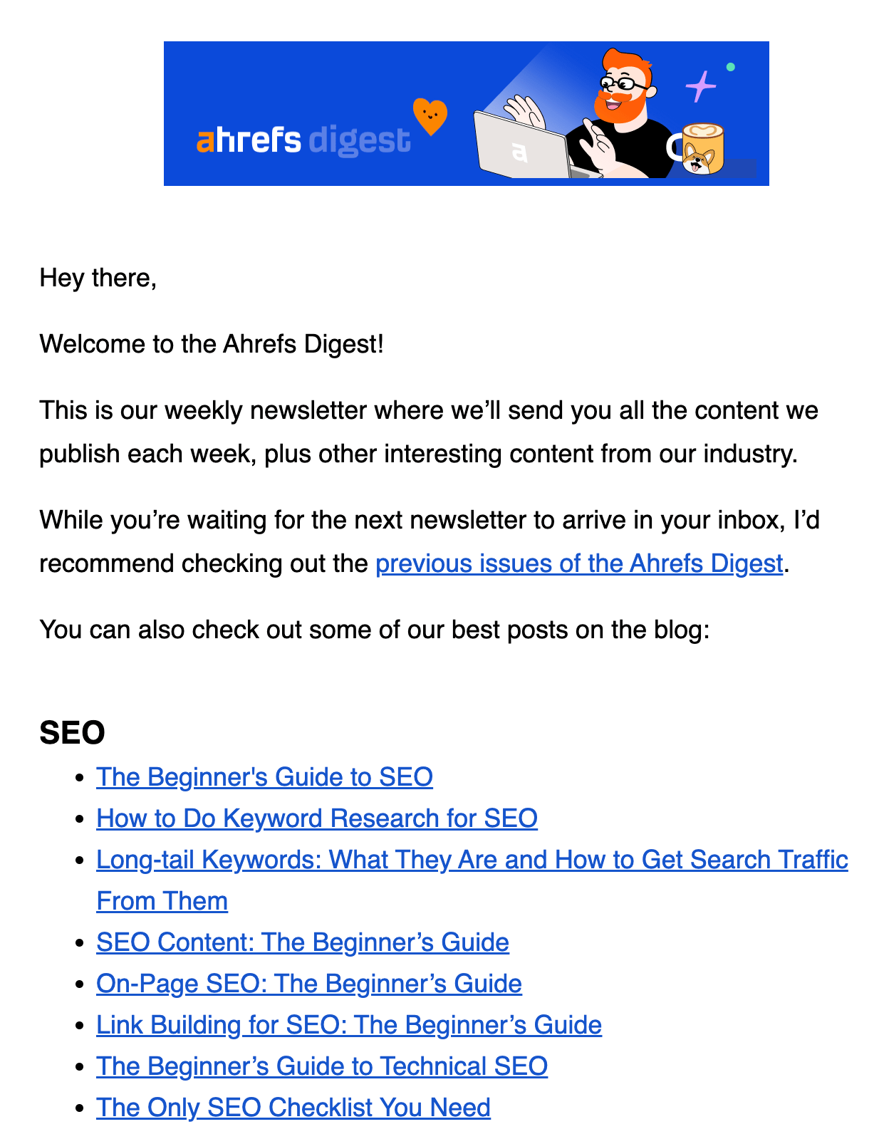 Ahrefs' welcome email