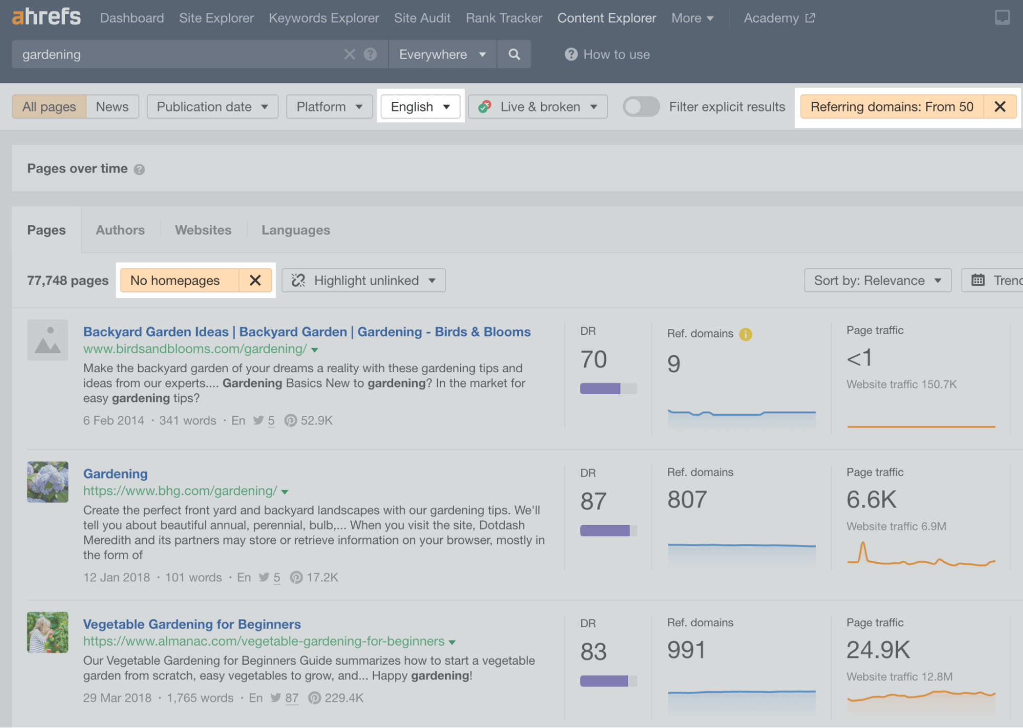 Ahrefs' Content Explorer search for "gardening," with filters