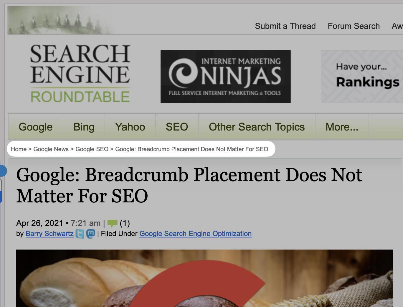 Breadcrumb links on Search Engine Roundtable