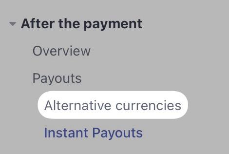 Stripe's "after payment" page, highlighting the "alternative currencies" link