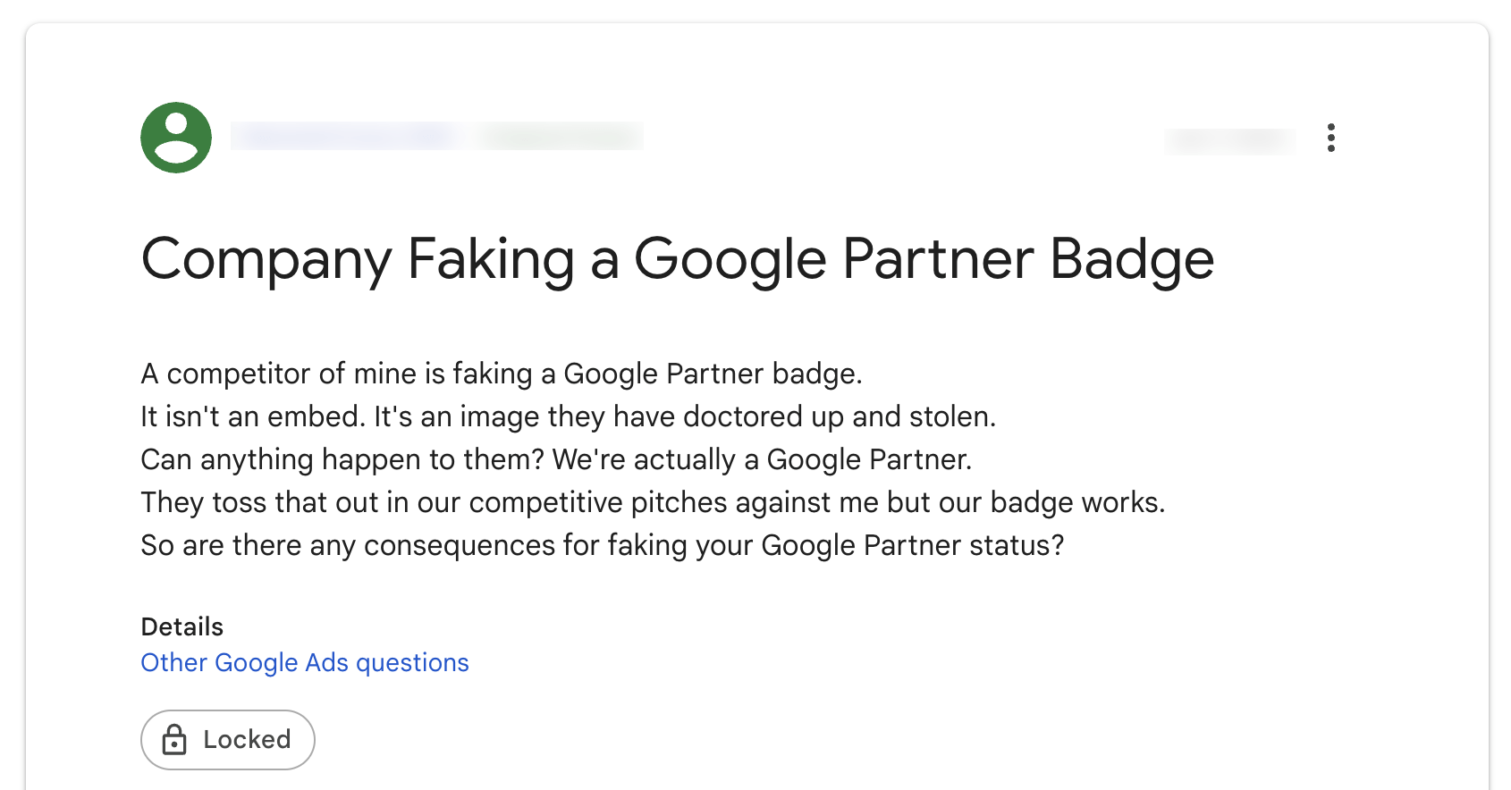 Complaint about a company faking Google Partner badge, via Google Support
