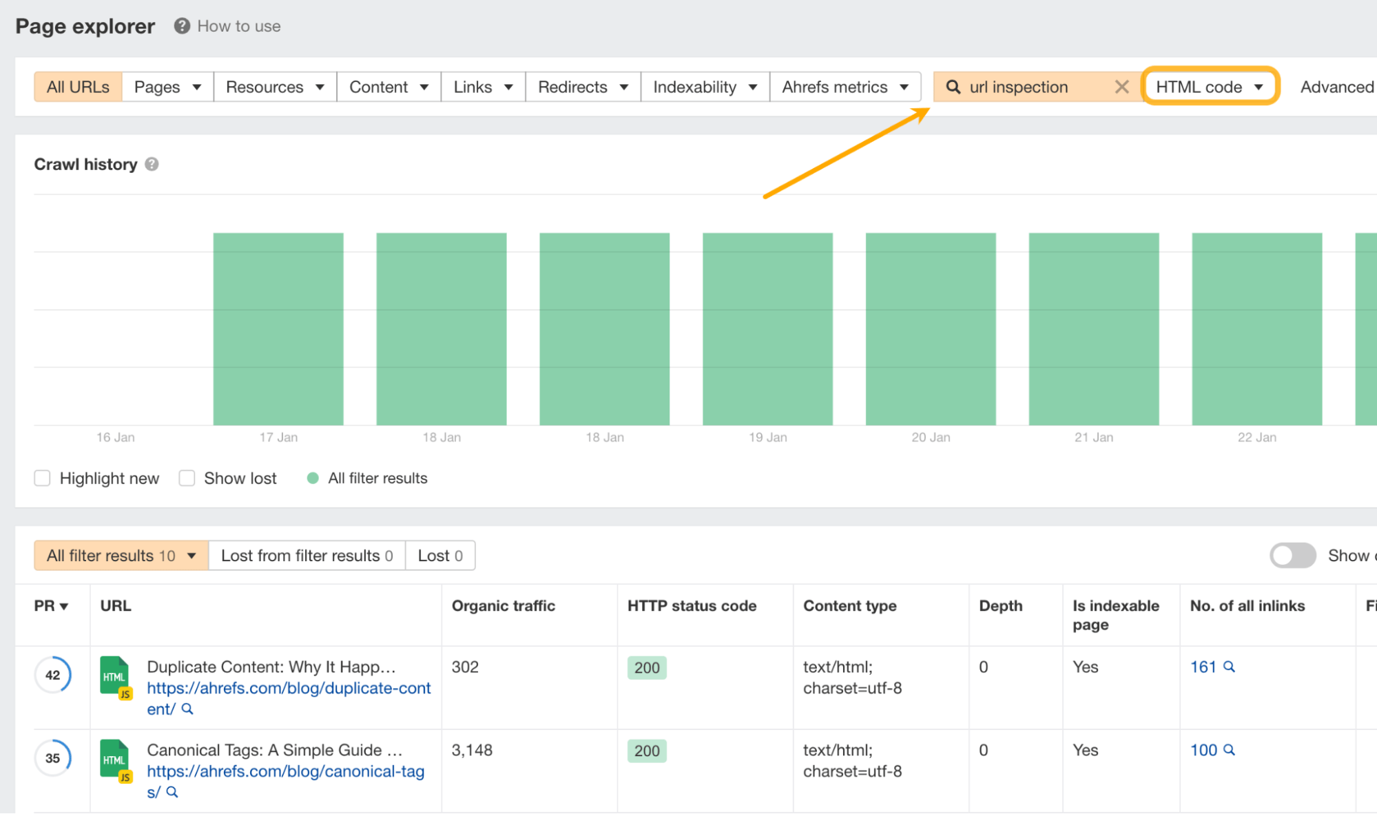 Ahrefs Site Audit（网站诊断）的  Page explorer（页面分析）报告