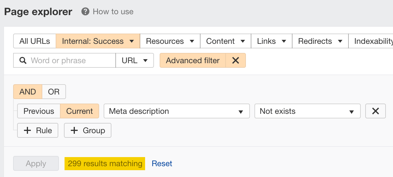 Finding pages without meta descriptions, via Ahrefs' Site Audit