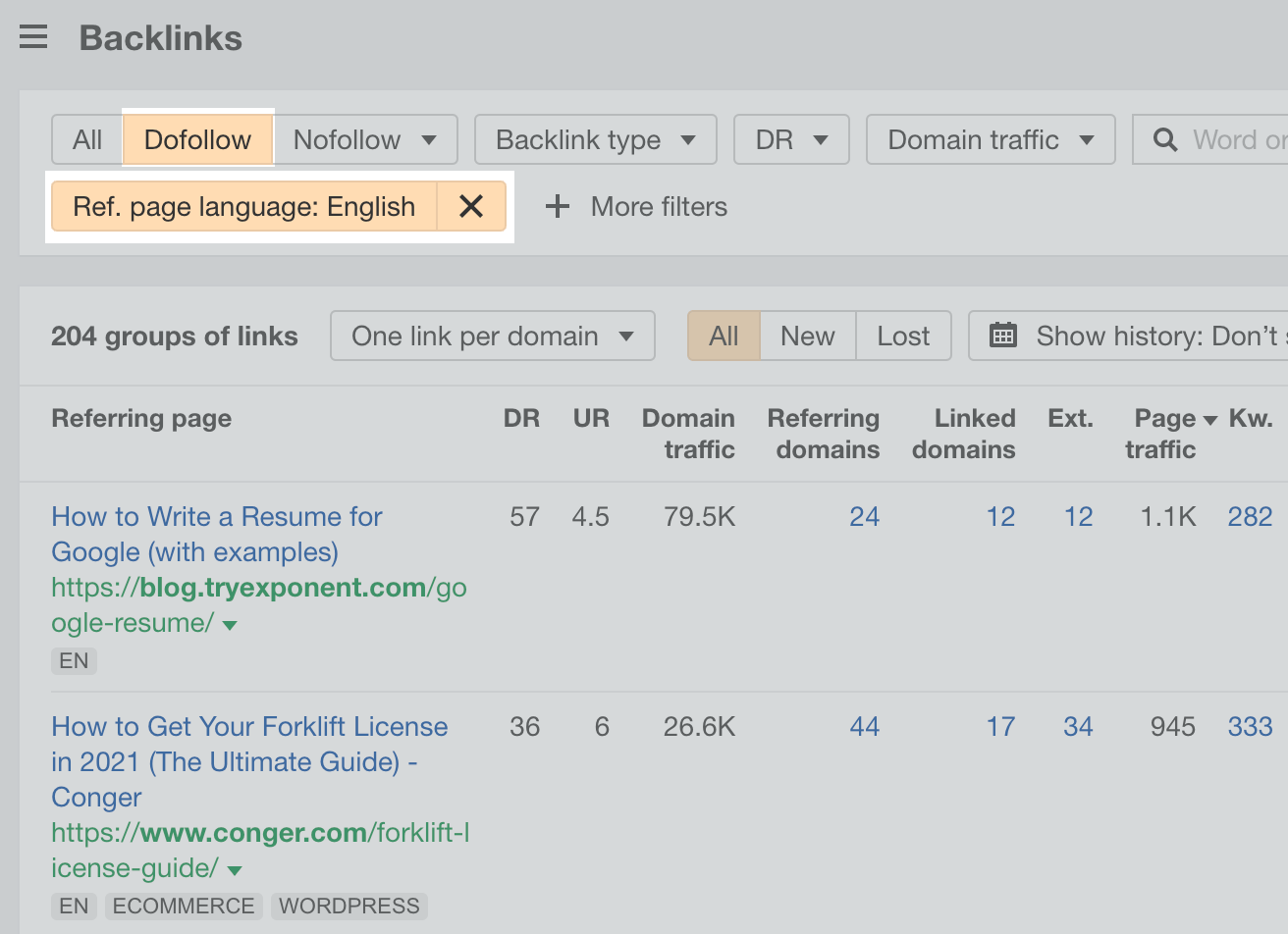 Backlinks report, with filters, via Ahrefs' Site Explorer