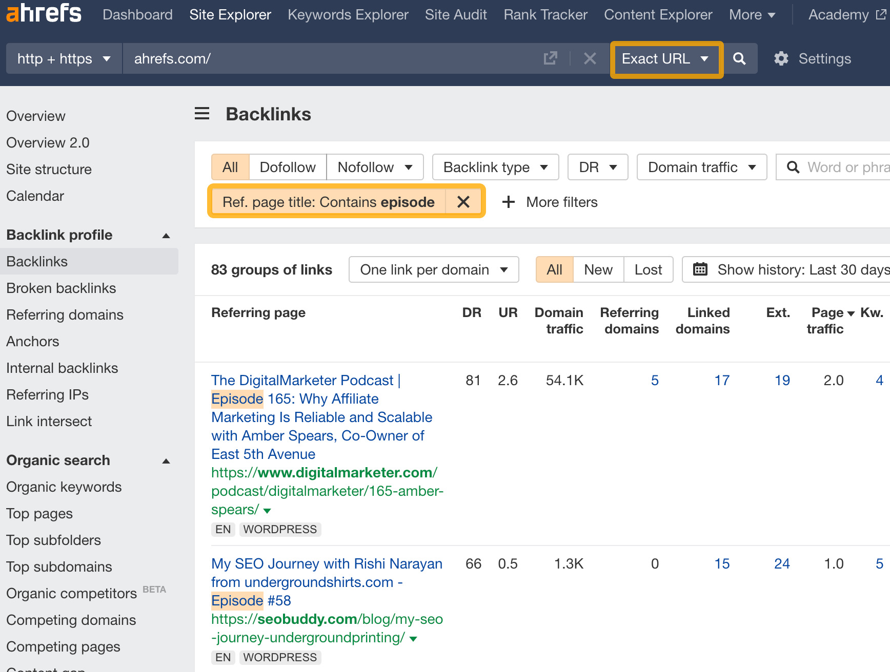 How to find podcast opportunities, via Ahrefs' Site Explorer