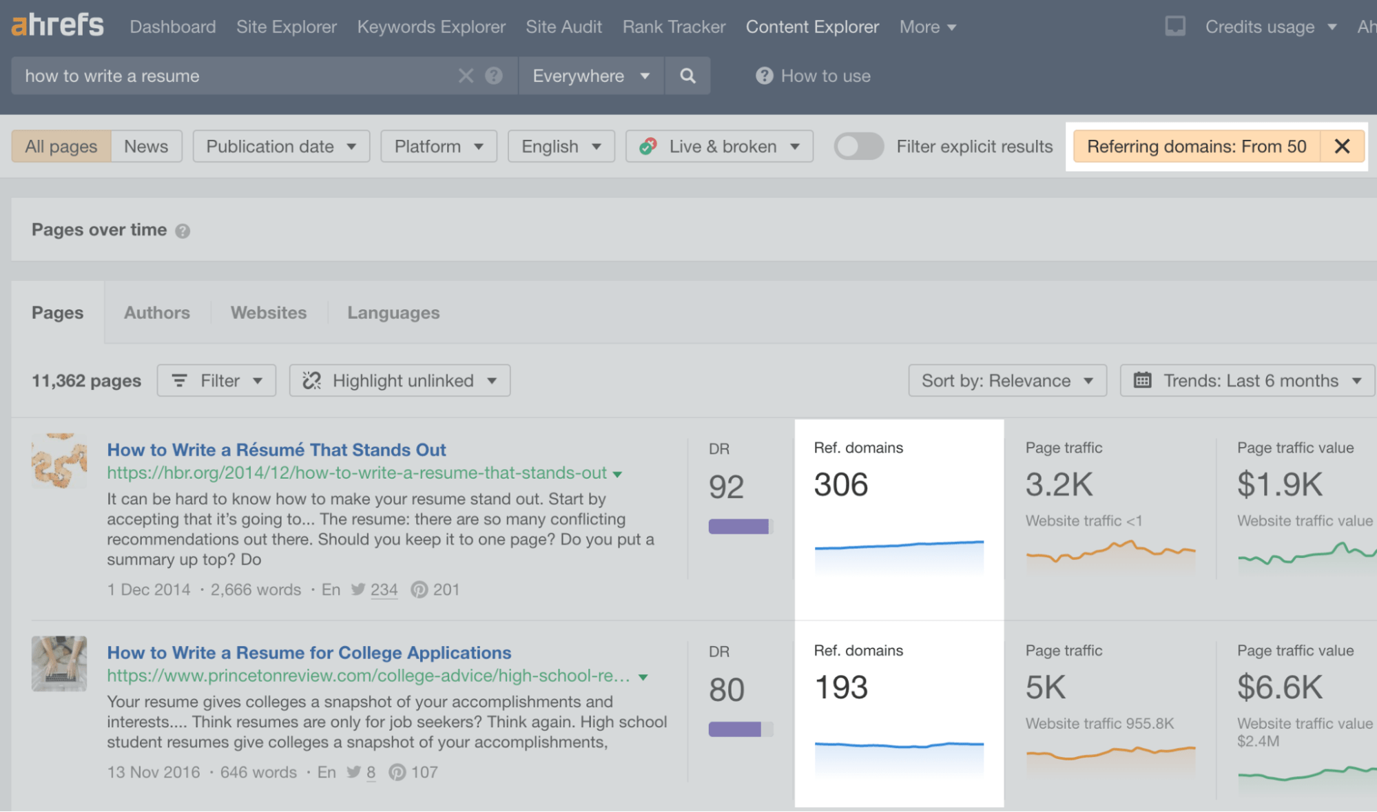 Referring domains filters selected in Ahrefs' Content Explorer