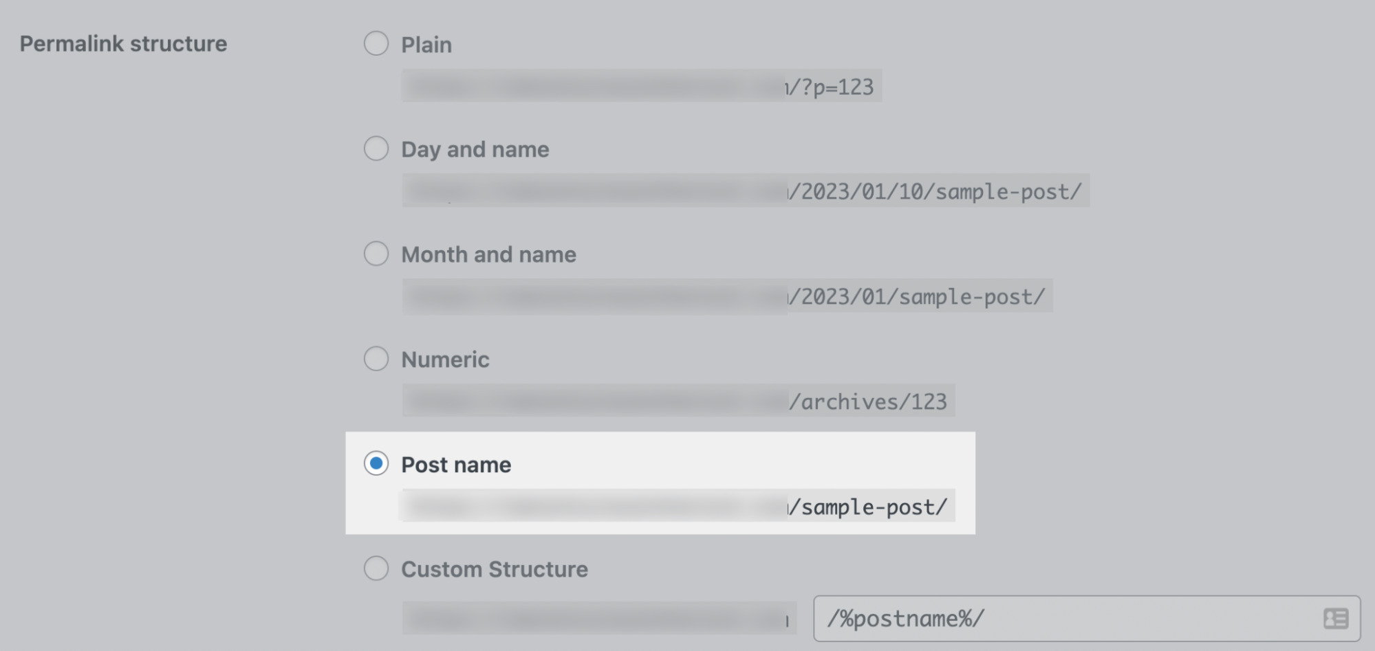 WordPress permalink structure settings